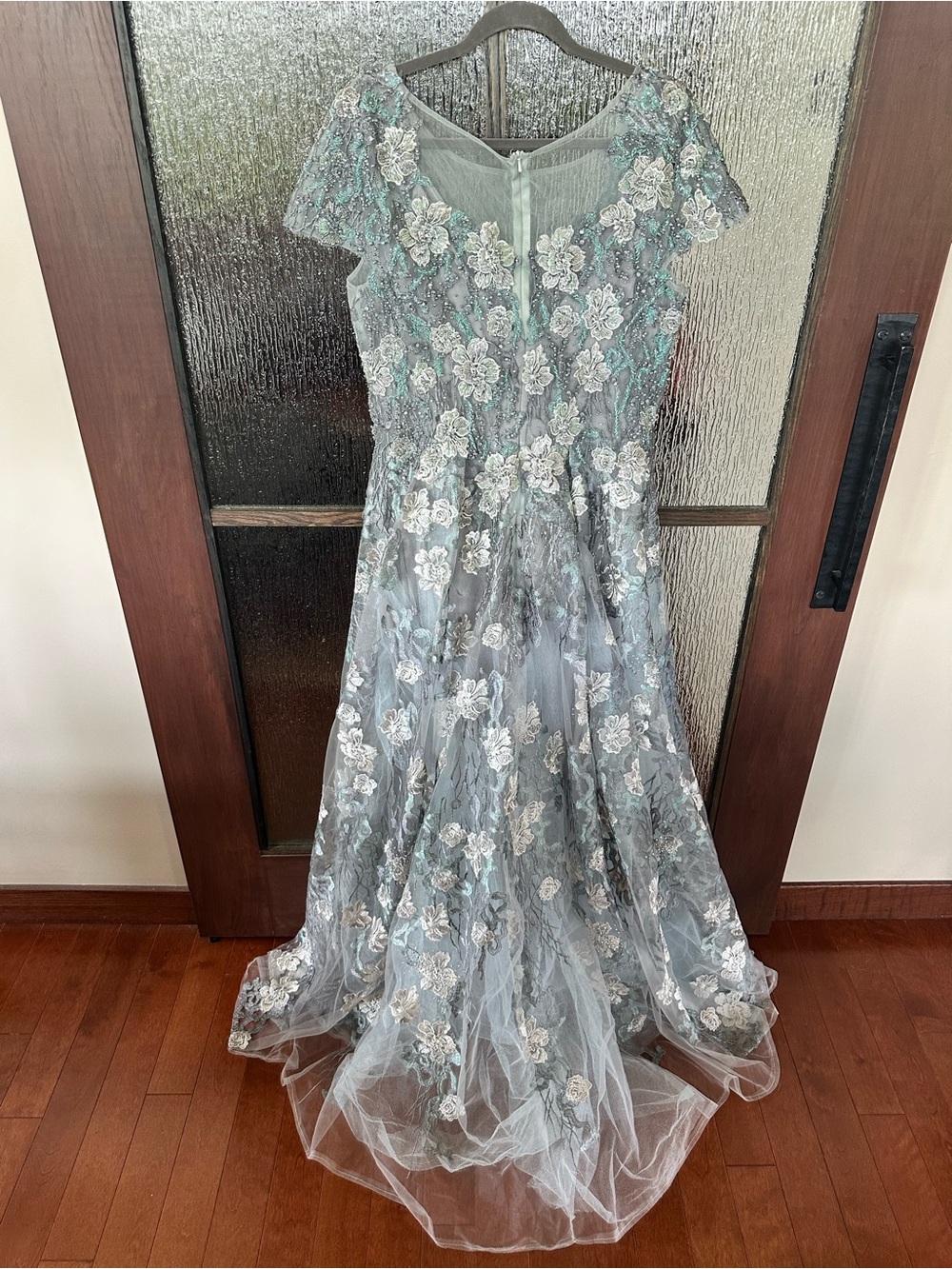 Mac Duggal Steel Blue and Silver Floral Embroidered Maxi Gown - Picture 6 of 14